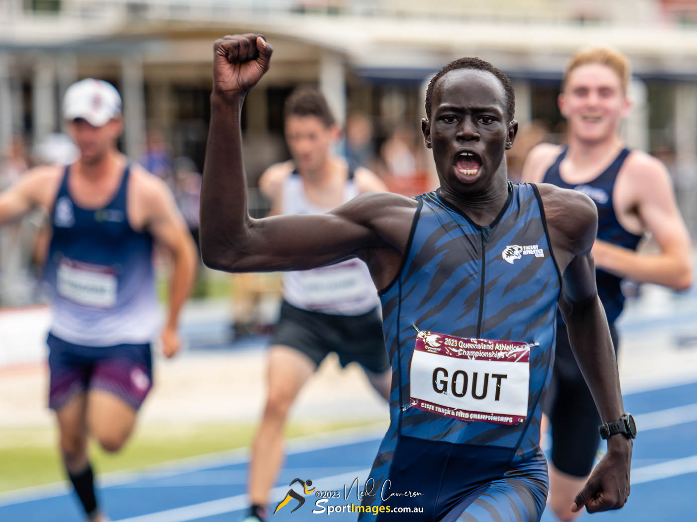 Gout Gout after breaking the Qld U18 100m record in 10.43 (0.5)